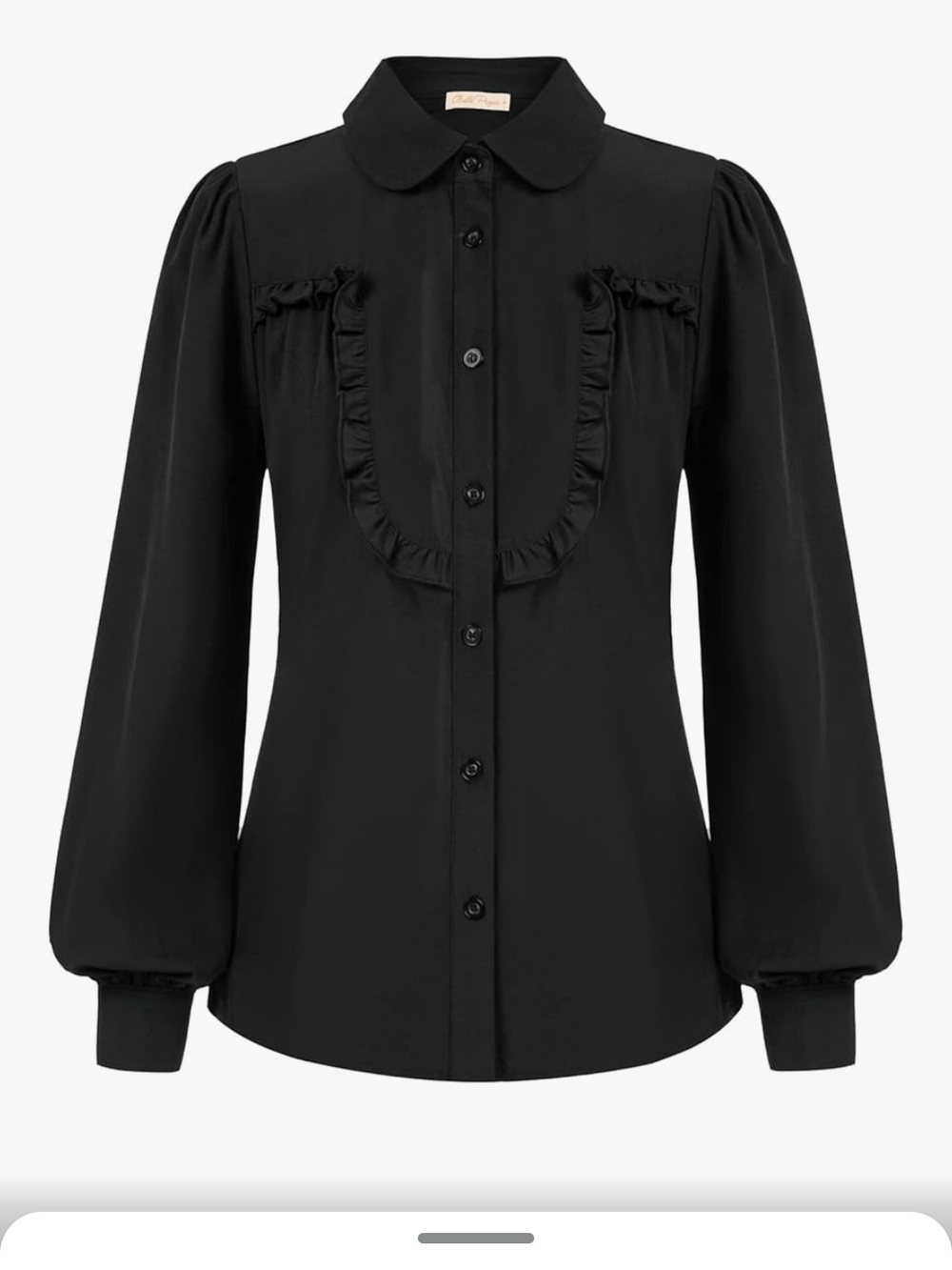 Black Ruffle-Front Button-Down Blouse with Peter Pan Collar
